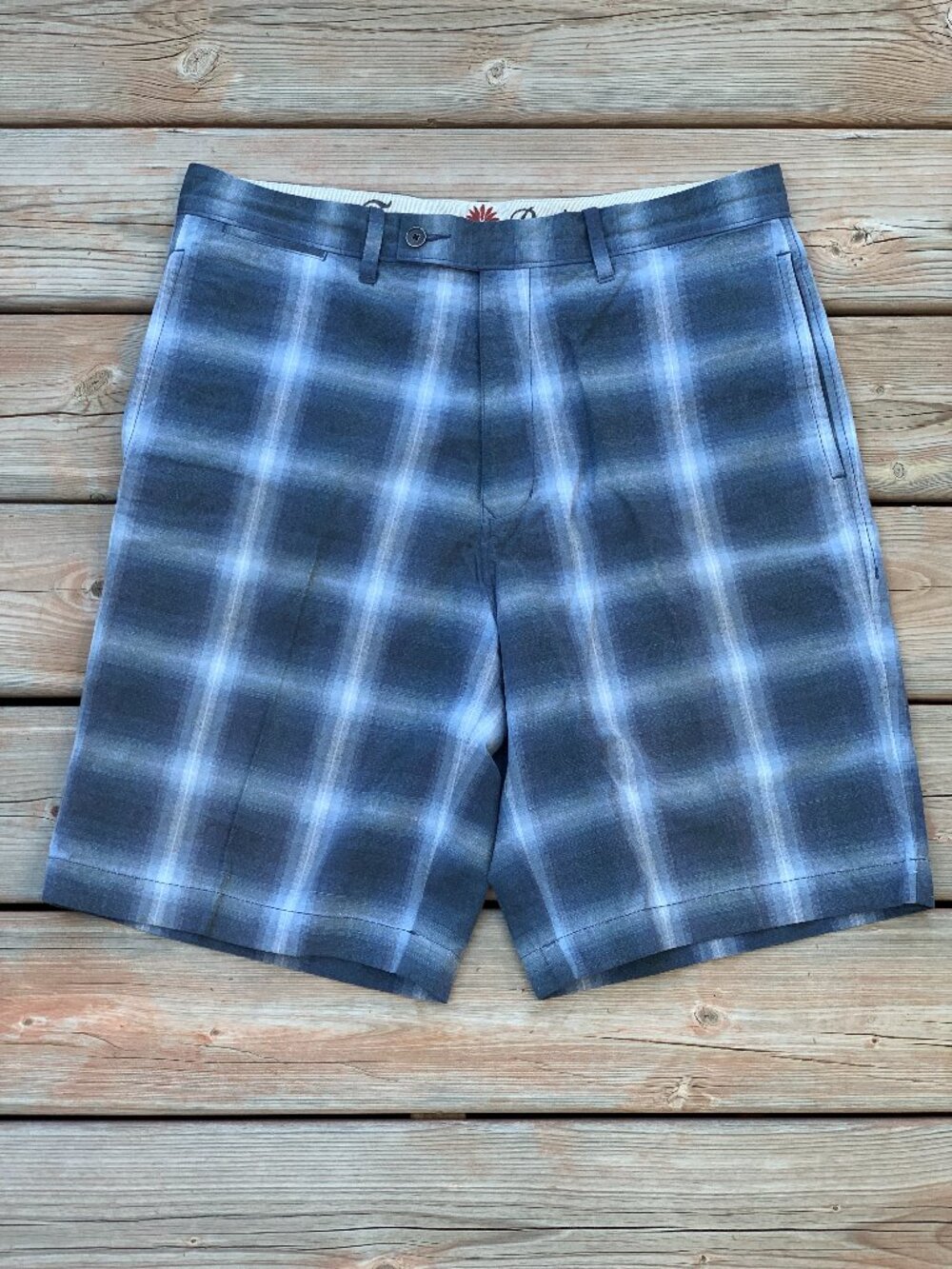 Tommy Bahama Paradise Nation Shorts Men 34 Blue Plaid Flat Front Linen Silk Golf
